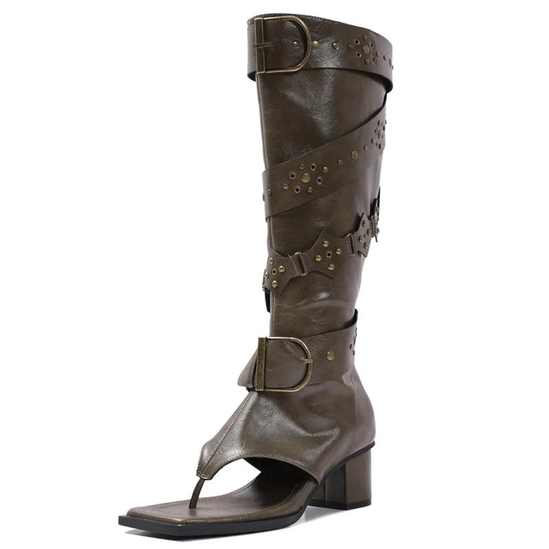 Women's Punk Knee High Boots – Rivet Buckle Square Toe Heels Knee High Boots Axl brown 35