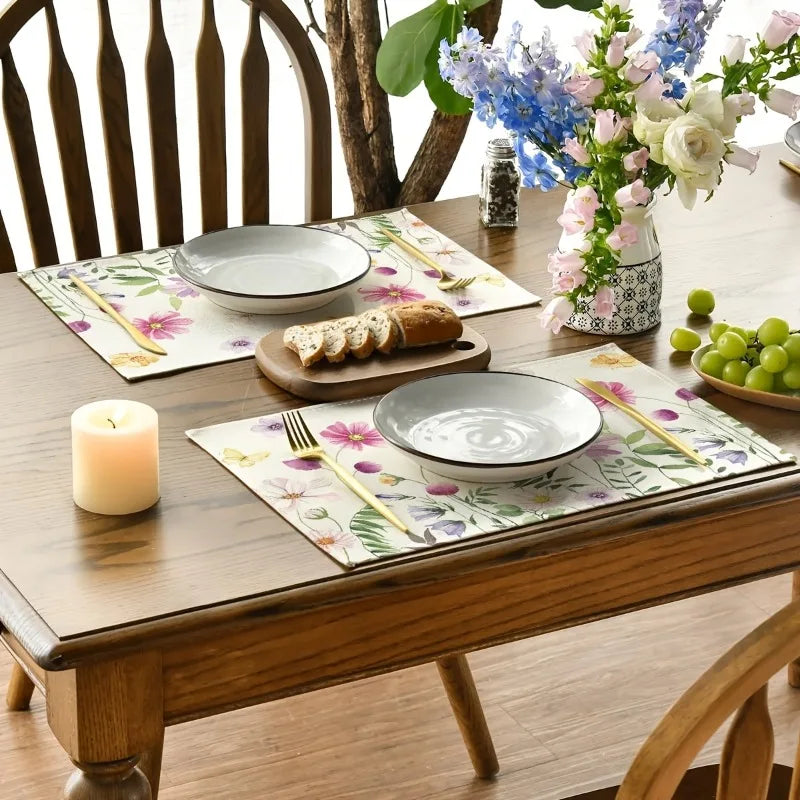 4-Pack Watercolor Wildflower Linen Placemats | Floral & Butterfly Linen Placemats Axl