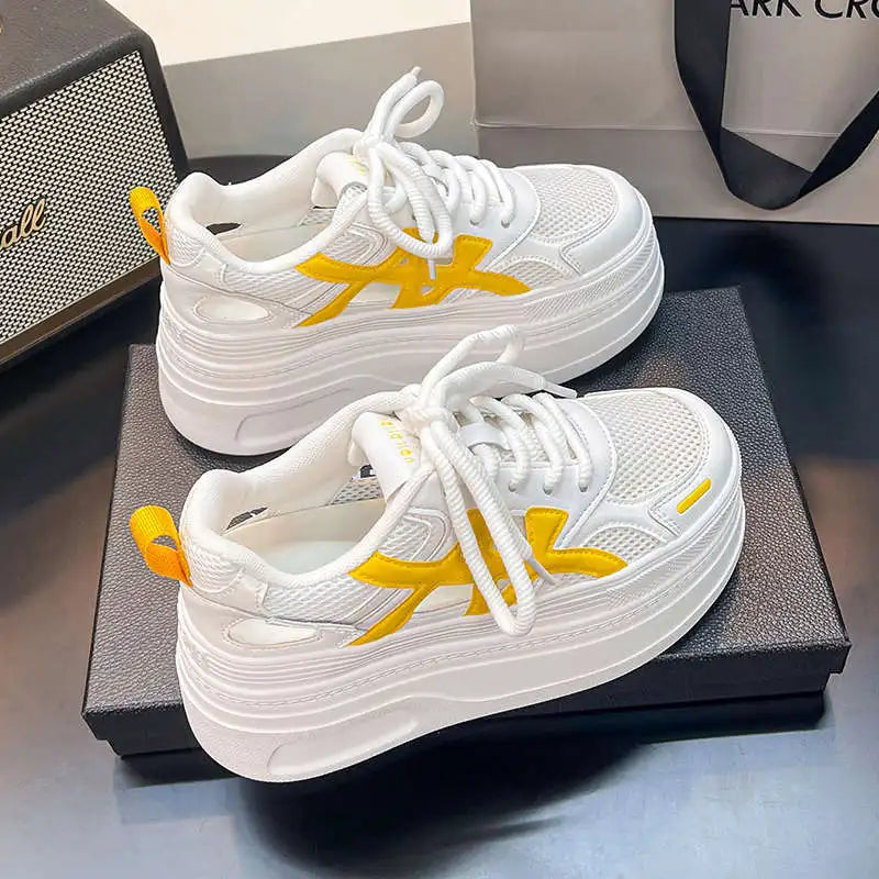 Women's Mesh Hollow Thick Sole Lace-Up Platform Sneakers Platform Sneakers Axl Yellow 39