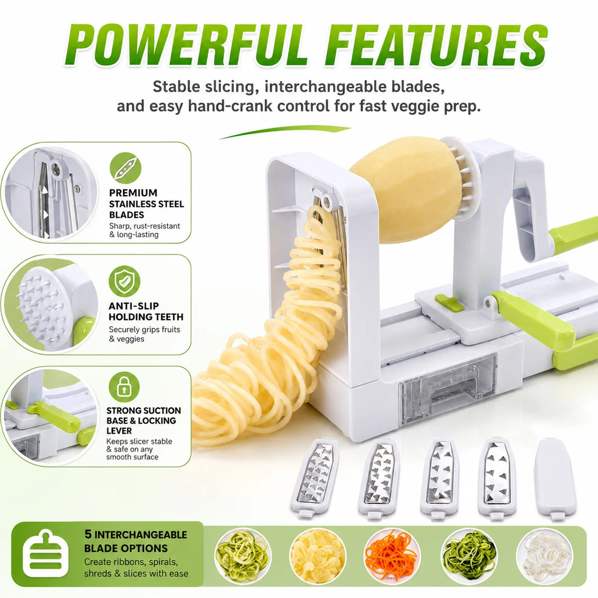 5-in-1 Hand Crank Vegetable Spiralizer – 5 Blade Noodle Maker Vegetable Spiralizer Axl