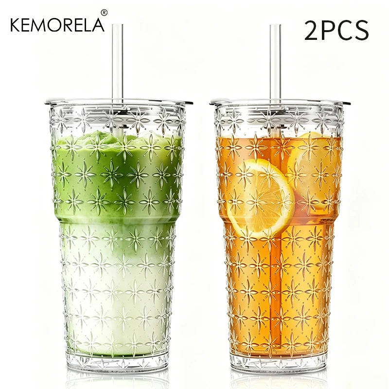 Sparkling Star Glass Coffee Cup 590ml – Lid & Straw Included Glass Drinkware Set Axl 2PCS 590ML
