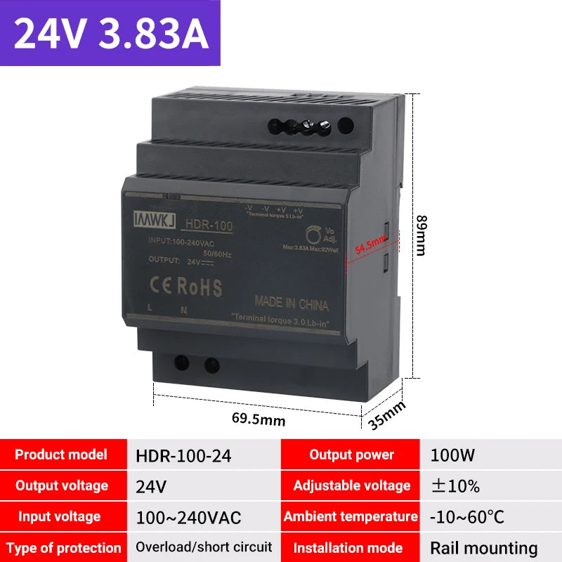 DIN Rail Switching Power Supply AC–DC 5V–48V | HDR-30/60/100 DIN Rail Power Supply Axl HDR-100-24