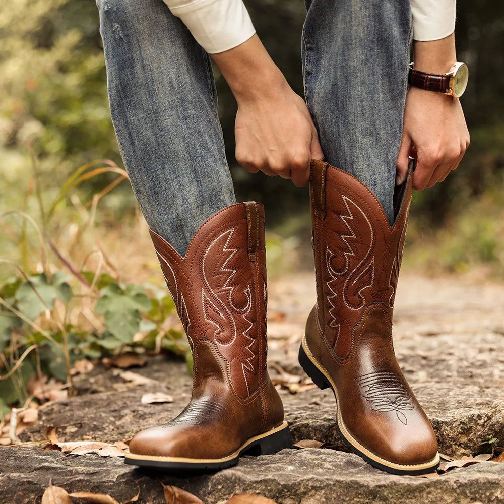 Men's Embroidered Cowboy Boots – Wide Toe Mid-Calf Riding Boot Cowboy Riding Boots Axl