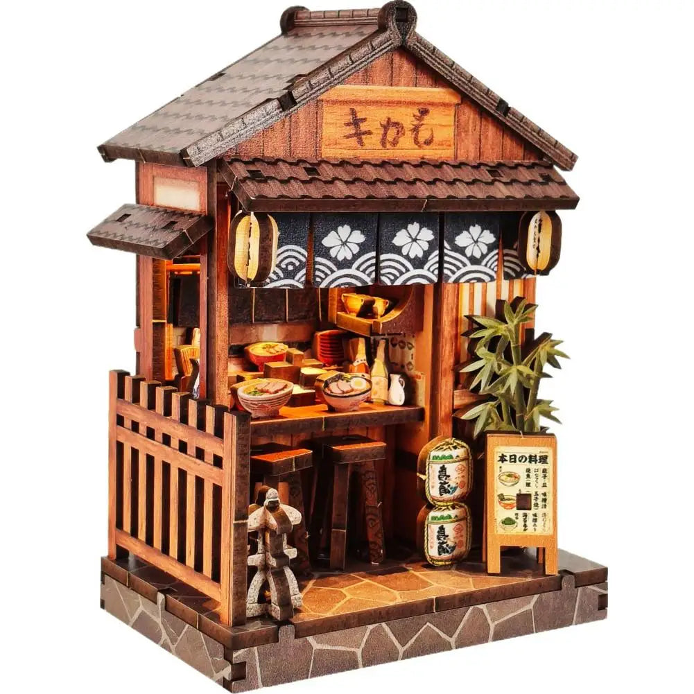 3D Wooden Miniature House Kit with LED Light – DIY Dollhouse Miniature Model Kit Axl Ramen Shop