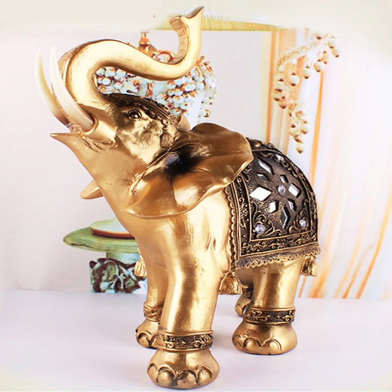 Golden Resin Elephant Statue – Feng Shui Lucky Figurine Decor Decorative Figurine Axl