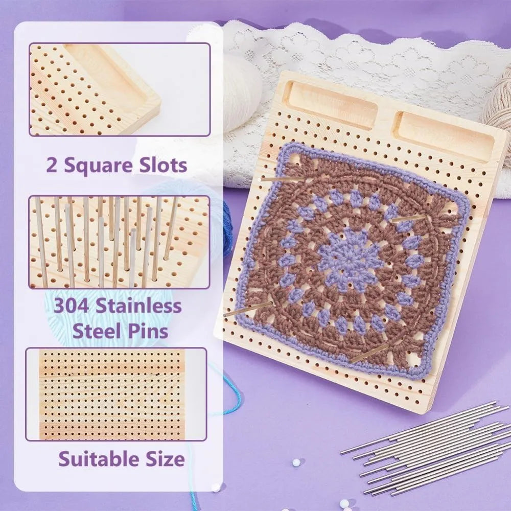 Wooden Crochet Blocking Board with 30 Steel Rod Pins – 11×10 in Blocking Board Kit Axl