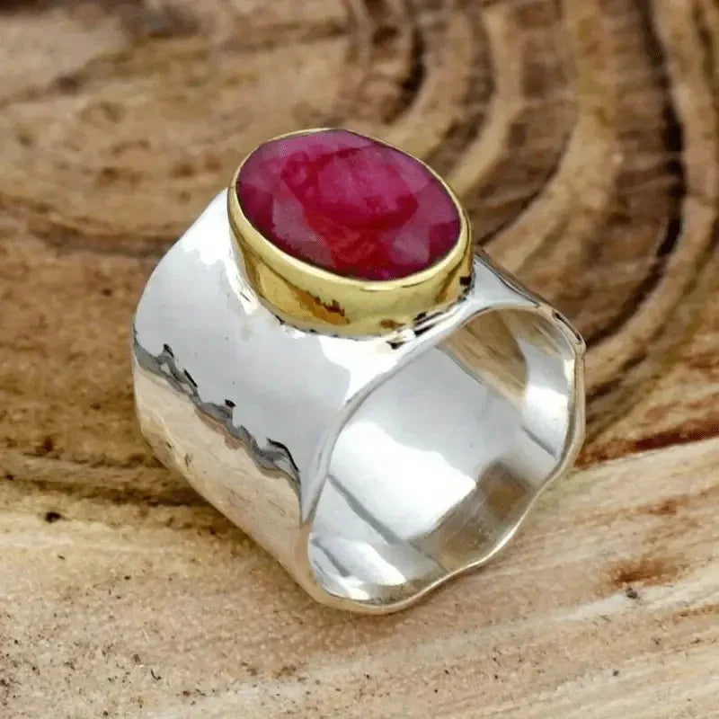 Huitan Vintage Wide Band Ring – Red CZ Two-Tone Women's Ring Fashion Ring Axl
