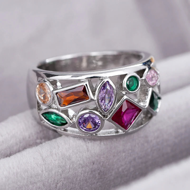 Huitan Rainbow CZ Wide Band Ring – Bohemian Women's Jewelry Fashion Ring Axl