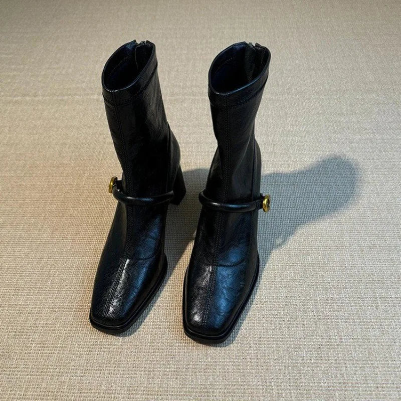 Women's Square Toe Block Heel Boots – Vintage Zip Booties Block Heel Boots Axl