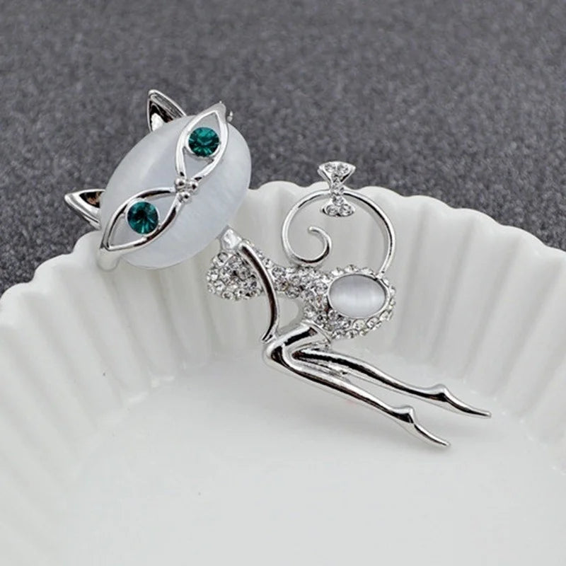 Opal Cat Eye Stone Brooch – Crystal Kitten Pin for Women Crystal Brooch Pin Axl