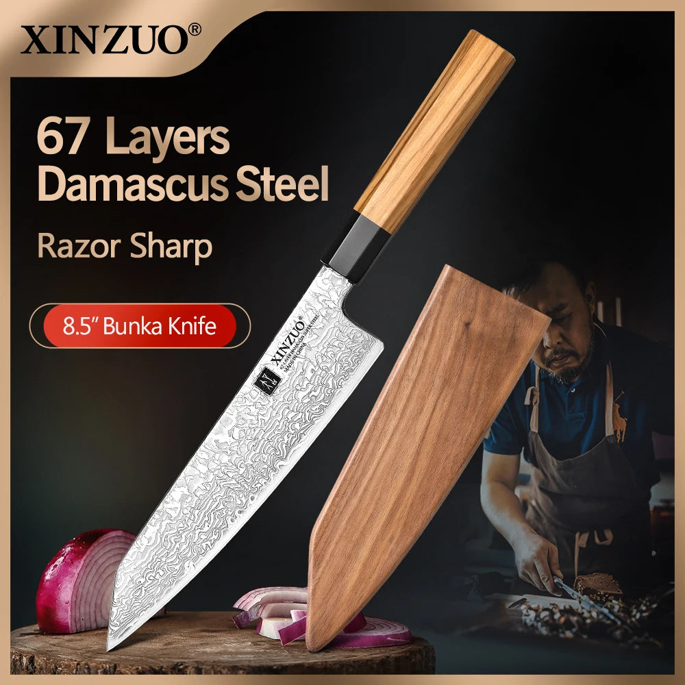 XINZUO 8.5" Damascus Bunka Knife – 67-Layer Kitchen Knife Damascus Kitchen Knife Axl