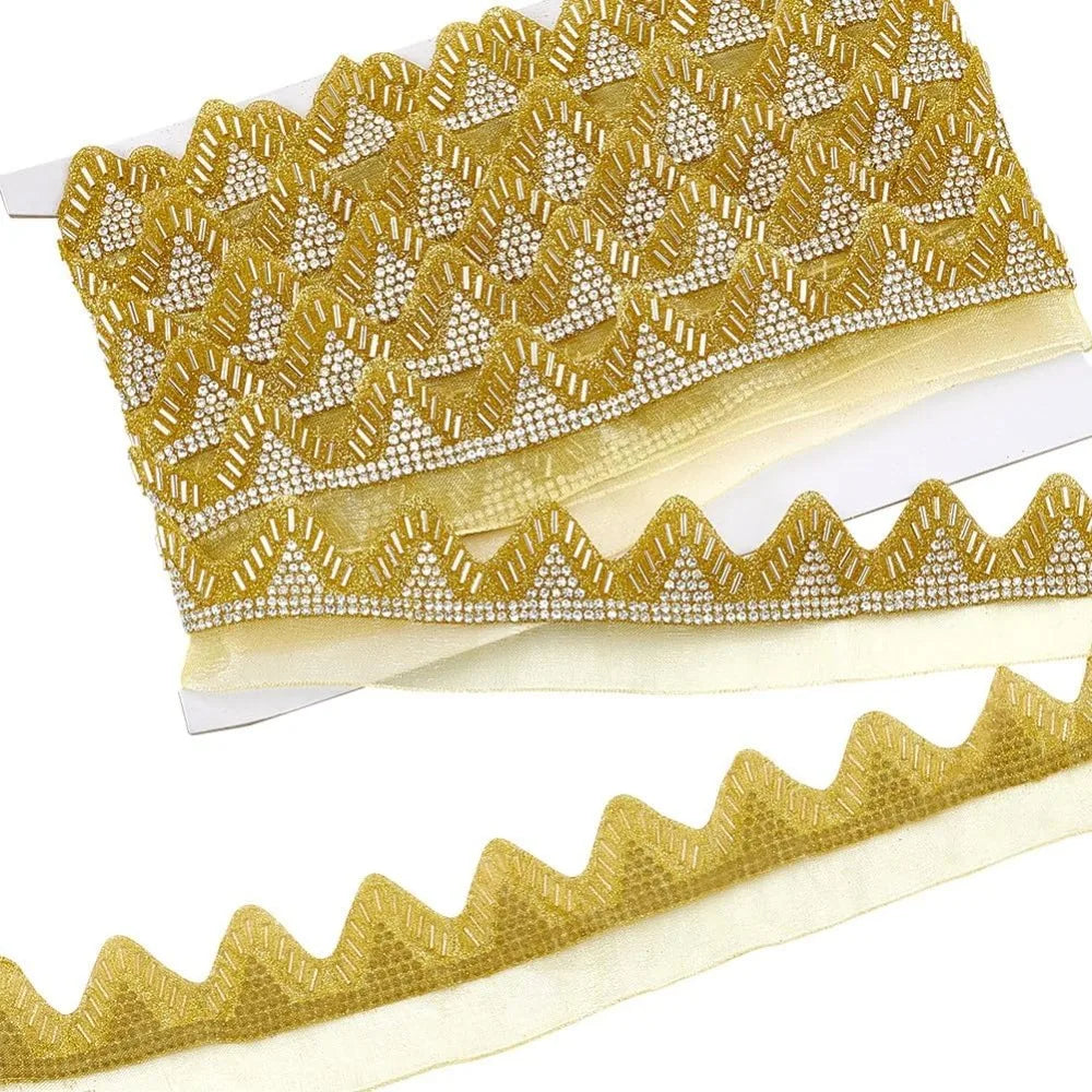 Rhinestone Glass Bead Lace Ribbon Goldenrod 41mm – 5 Yards Decorative Ribbon Trim Axl AECH04-18472