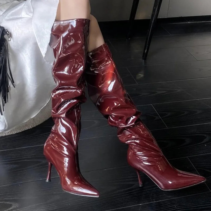 Women's Shiny Pleated Mid-Calf Boots | Pointed Toe Stiletto Mid-Calf Heeled Boots Axl