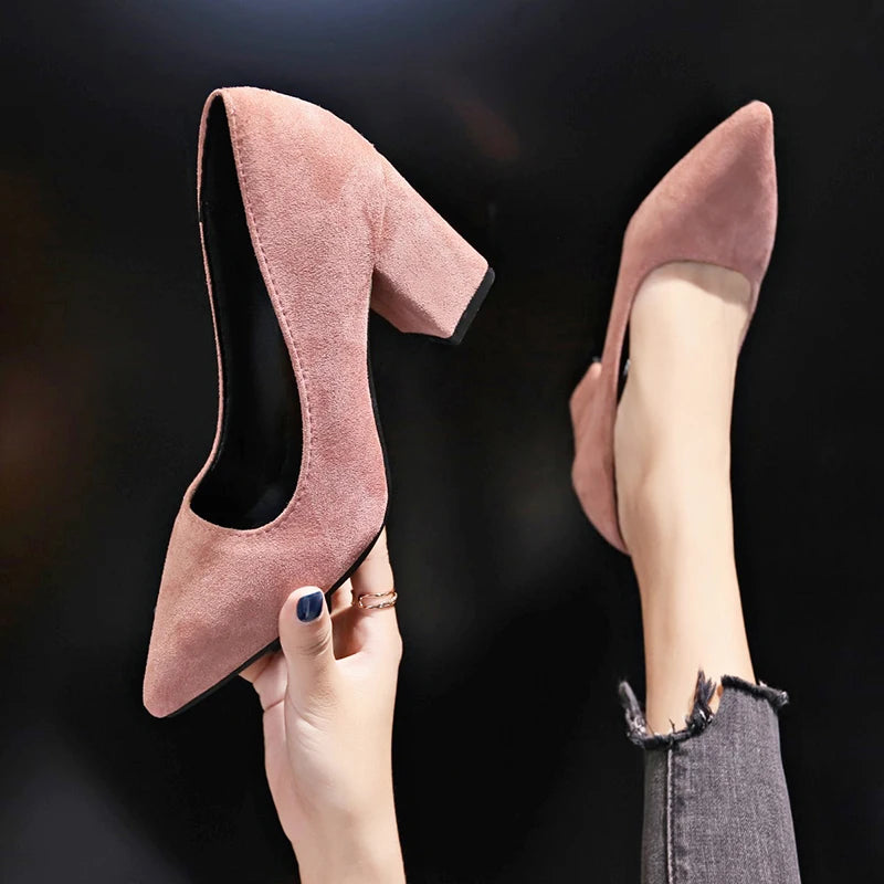 Women's Chunky Heel Pumps – Retro Pointed Toe Office Heels Chunky Heel Pumps Axl 37 Pink