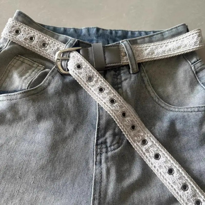 Vintage Lace Canvas Belt for Women – Metal Buckle 110cm Women's Fashion Belt Axl