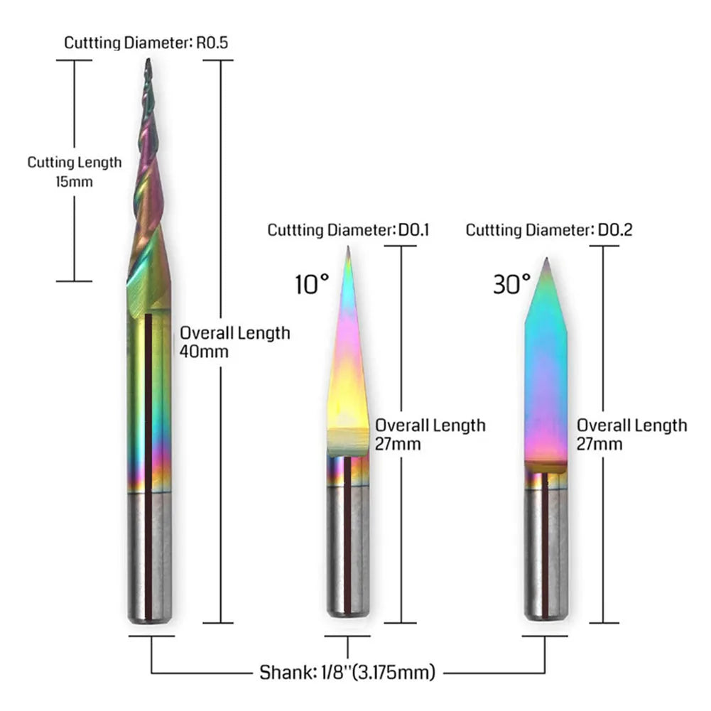 3-Pc Tapered Ball Nose End Mill Set – 1/8 Shank Router Bits Engraving Router Bits Axl