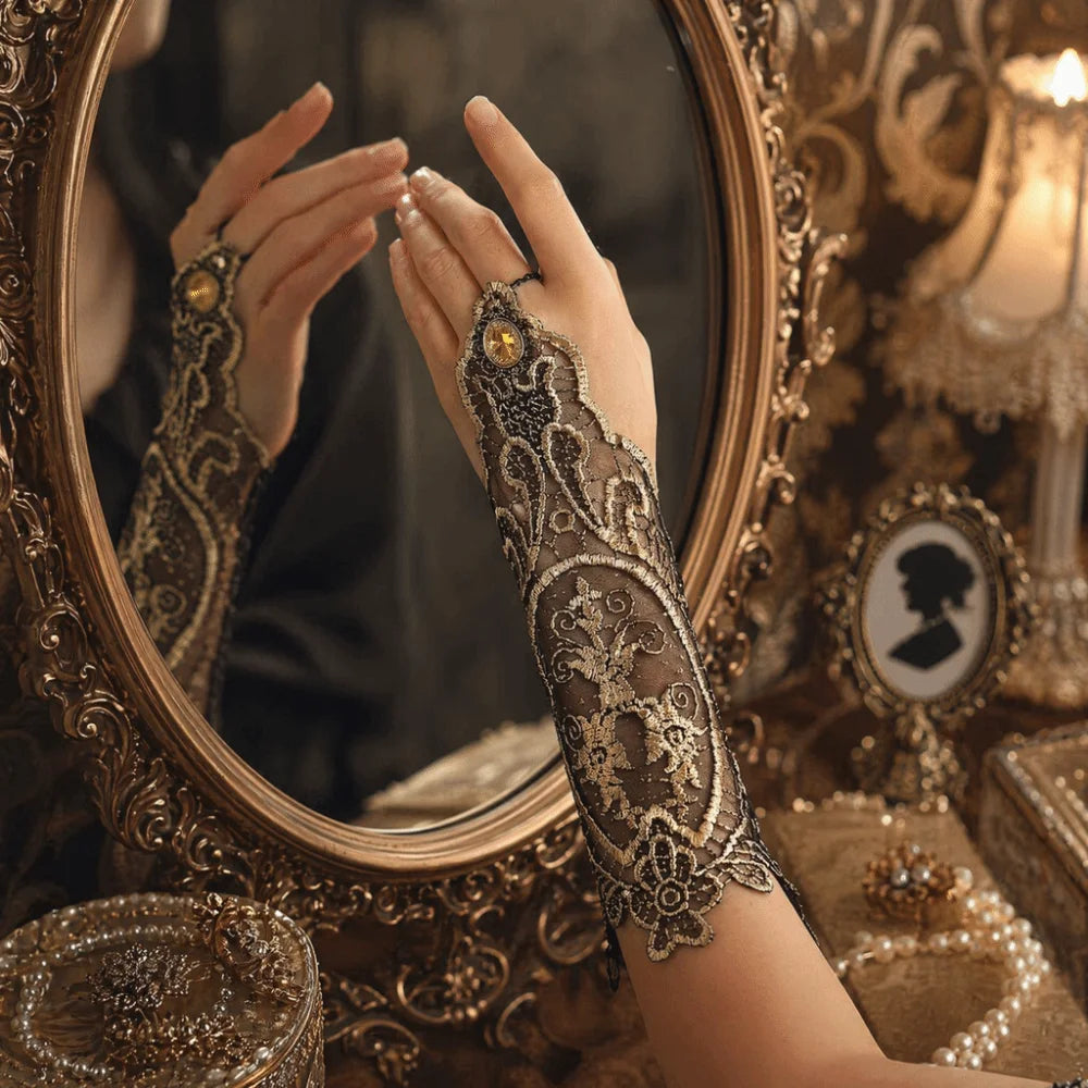 Black Gold Gothic Lace Fingerless Gloves – Steampunk Halloween Fingerless Lace Gloves Axl