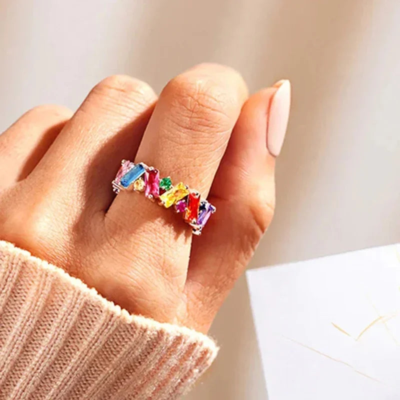 Huitan Rainbow CZ Ring – Dainty Geometric Women's Party Ring Fashion Ring Axl