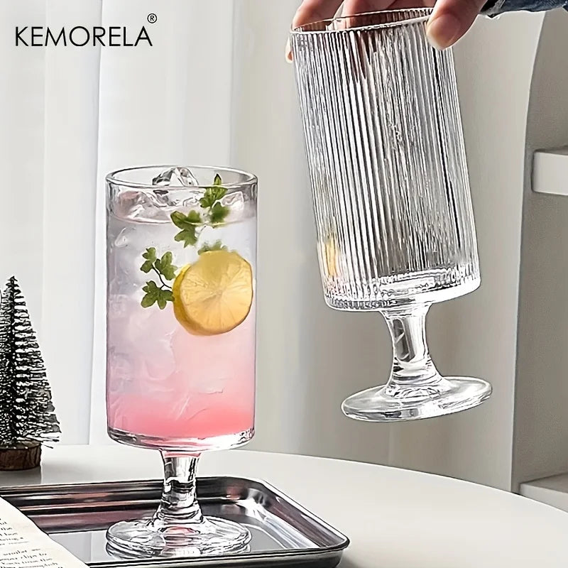 KEMORELA High-Foot Striped Glass Cup – Coffee, Wine & Juice Stemmed Glass Cup Axl
