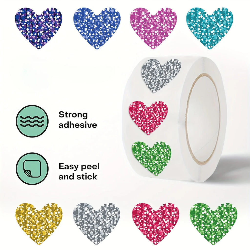 Glitter Heart Stickers Roll – 500 Sparkly Self-Adhesive Hearts Craft Stickers Axl