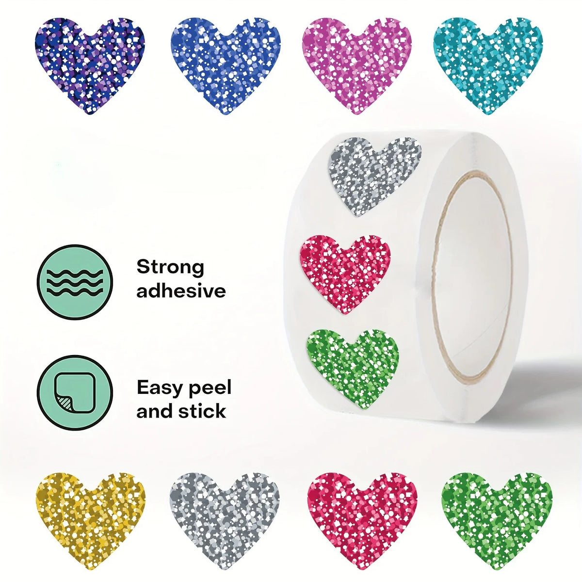 Glitter Heart Stickers Roll – 500 Sparkly Self-Adhesive Hearts Craft Stickers Axl