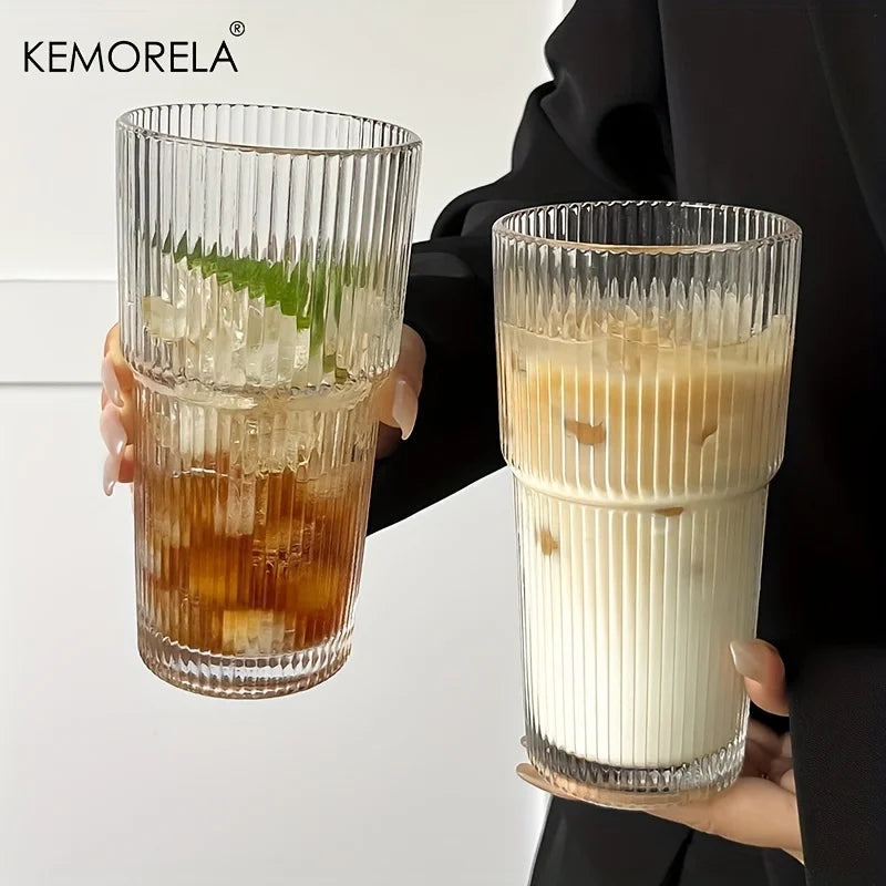 KEMORELA 600ml Striped Glass Cup with Lid & Straw | Iced Drinks Glass Drinking Cup Axl