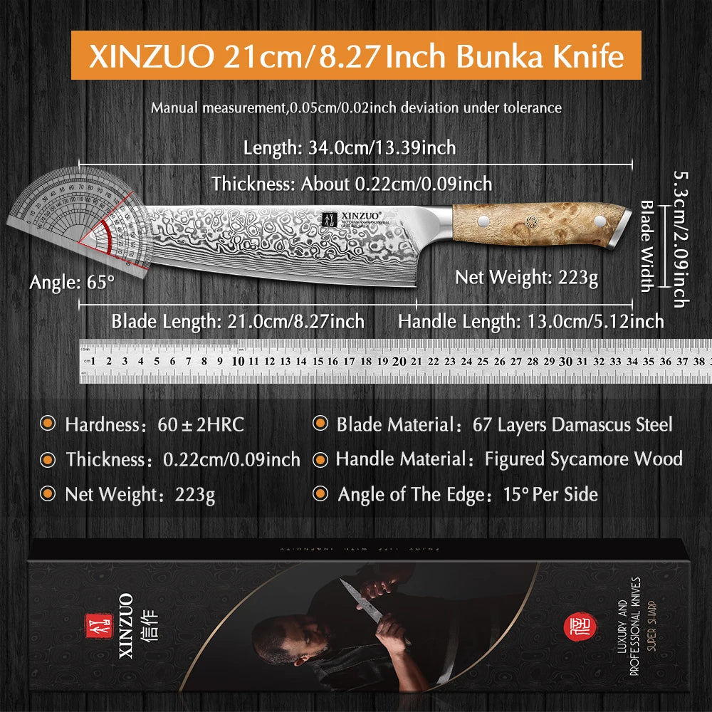 XINZUO 8.27" Damascus Bunka Chef Knife – 67-Layer, Sycamore Handle Damascus Chef Knife Axl