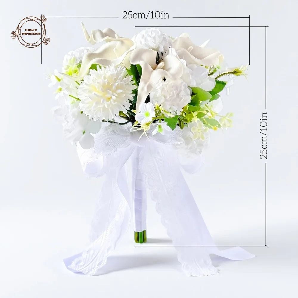 White Calla Lily Hydrangea Bridal Bouquet | Lace Ribbon Artificial Bridal Bouquet Axl