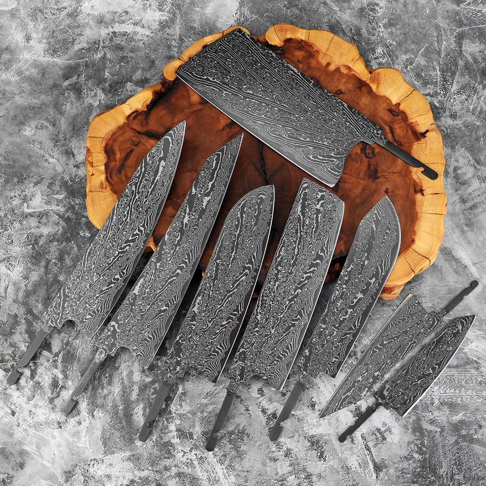 Damascus Steel Knife Blank Set 1–8 PCS | DIY Kitchen Blade Knife Blank Set Axl