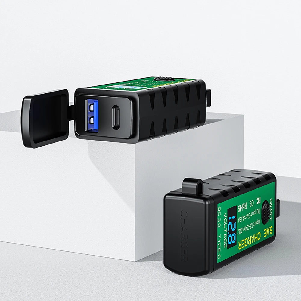 Motorcycle SAE to USB & Type-C Fast Charger with Voltmeter Motorcycle USB Charger Axl