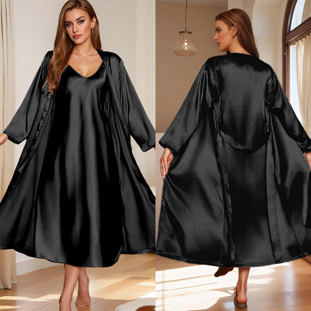Women's 2-Piece Kimono Robe & Halter Nightgown Set Kimono Robe Set Axl black XL