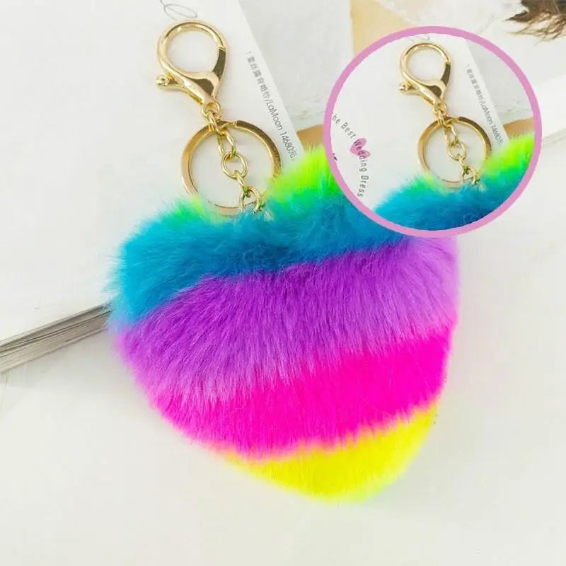 Fluffy Faux Fur Heart Keychain – Colorful Women's Bag Charm Fur Pompom Keychain Axl