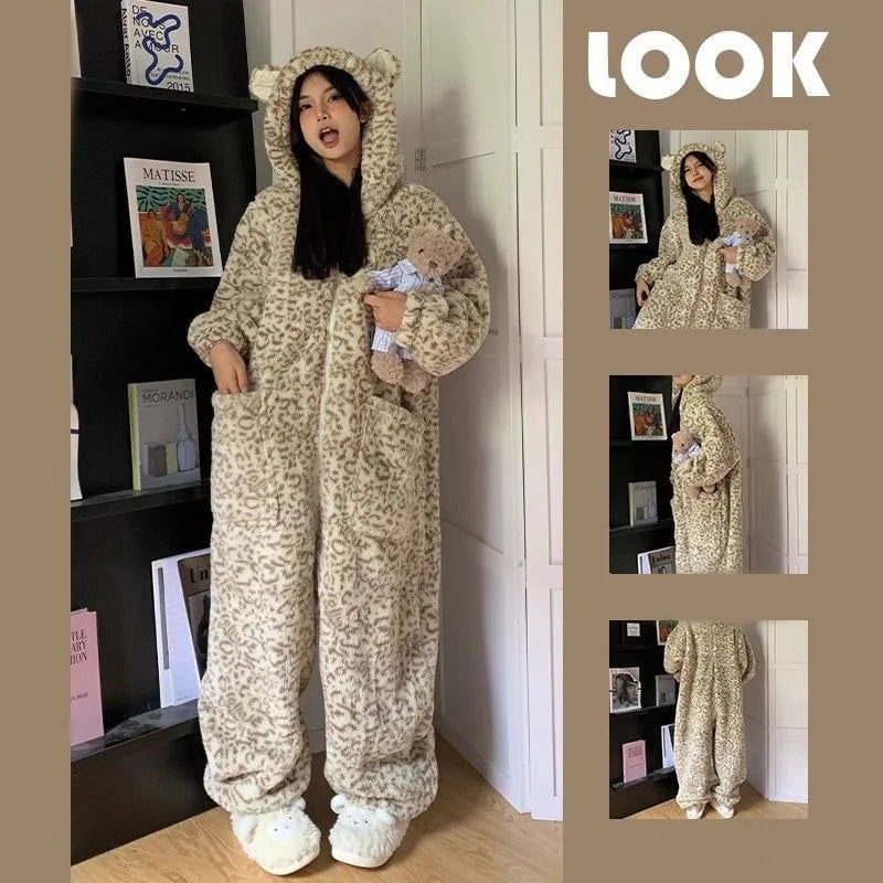 Women's Hooded Leopard Print One-Piece Fleece Pajamas Women's Pajama Onesie Axl