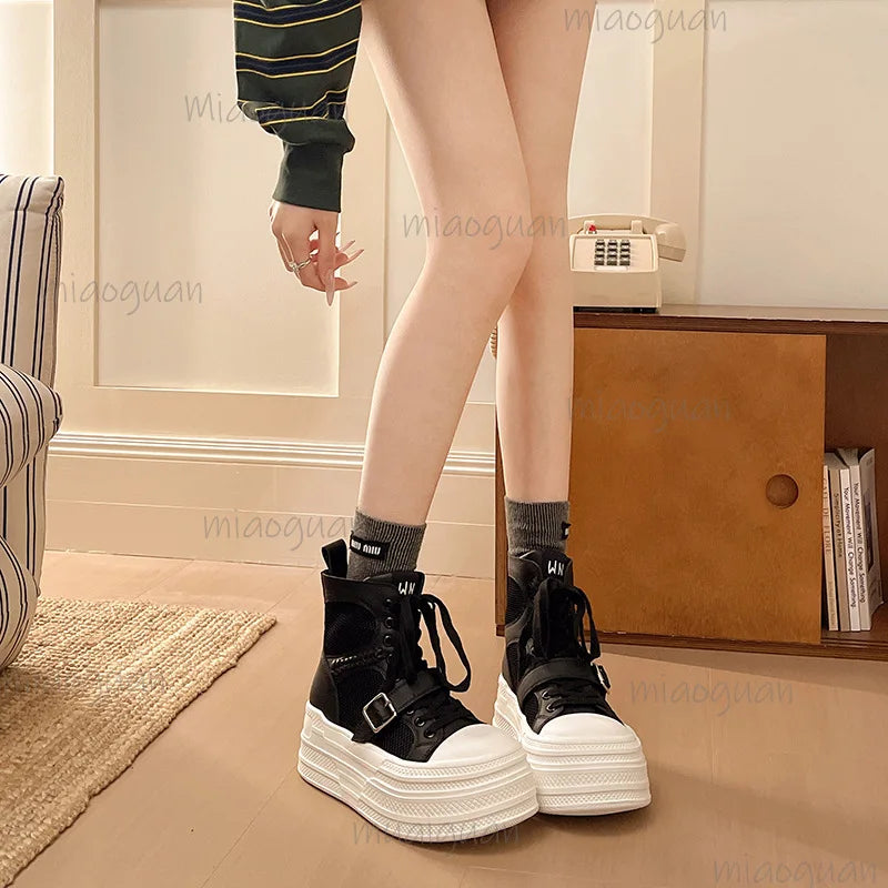 Women's High Top Buckle Lace-Up Short Boots – Thick Sole Women's Short Boots Axl