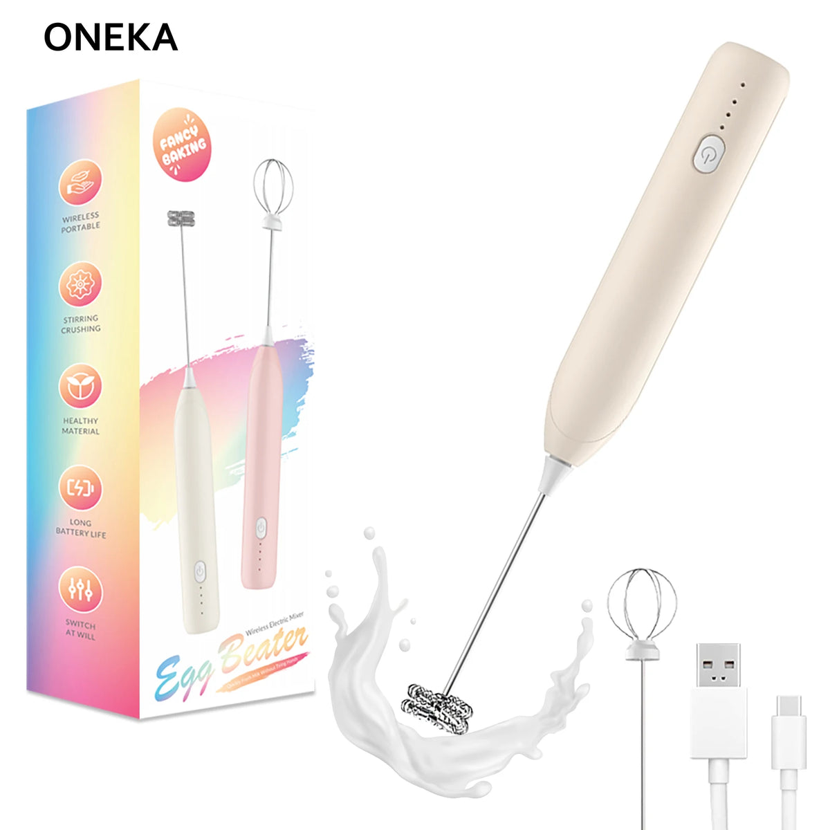 ONEKA Rechargeable Handheld Milk Frother & Electric Whisk Handheld Milk Frother Axl Beige