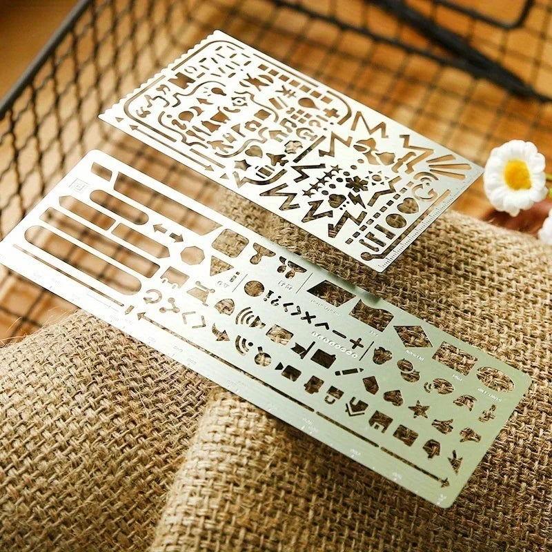 2pc Vintage Stainless Steel Hollow Stencil Ruler Set – DIY Journal Stencil Ruler Set Axl