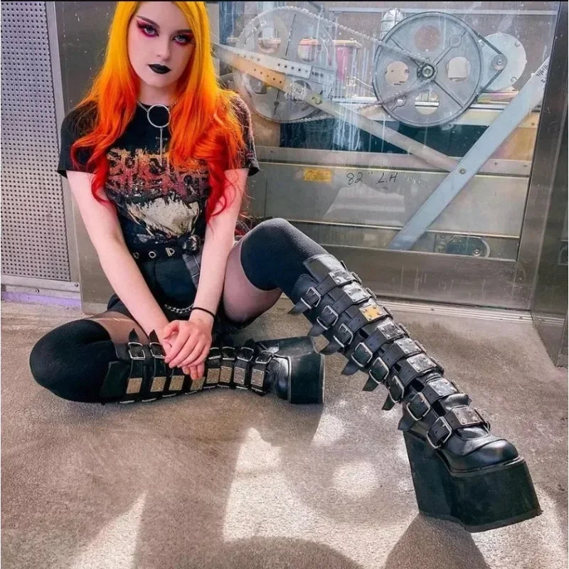 Women's Gothic Platform Wedge Mid-Calf Boots | Buckle Strap Platform Wedge Boots Axl