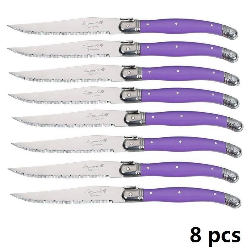8-Piece Rainbow Laguiole Steak Knife Set – Stainless Steel Steak Knife Set Axl 8pcs Purple