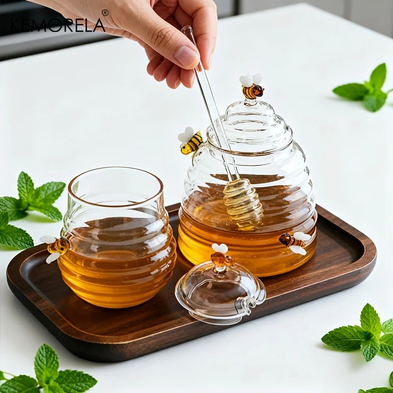 Glass Honeycomb Honey Jar with Dipper & Lid | KEMORELA Honey Storage Jar Axl