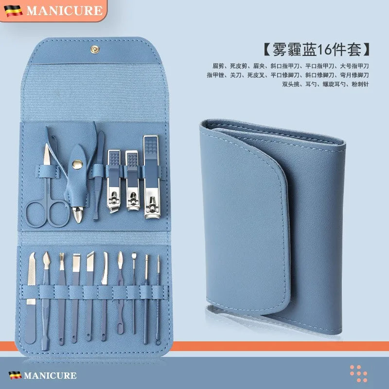 Stainless Steel Nail Clipper & Cuticle Remover Manicure Set Nail Care Set Axl 16-piece blue 3-pack