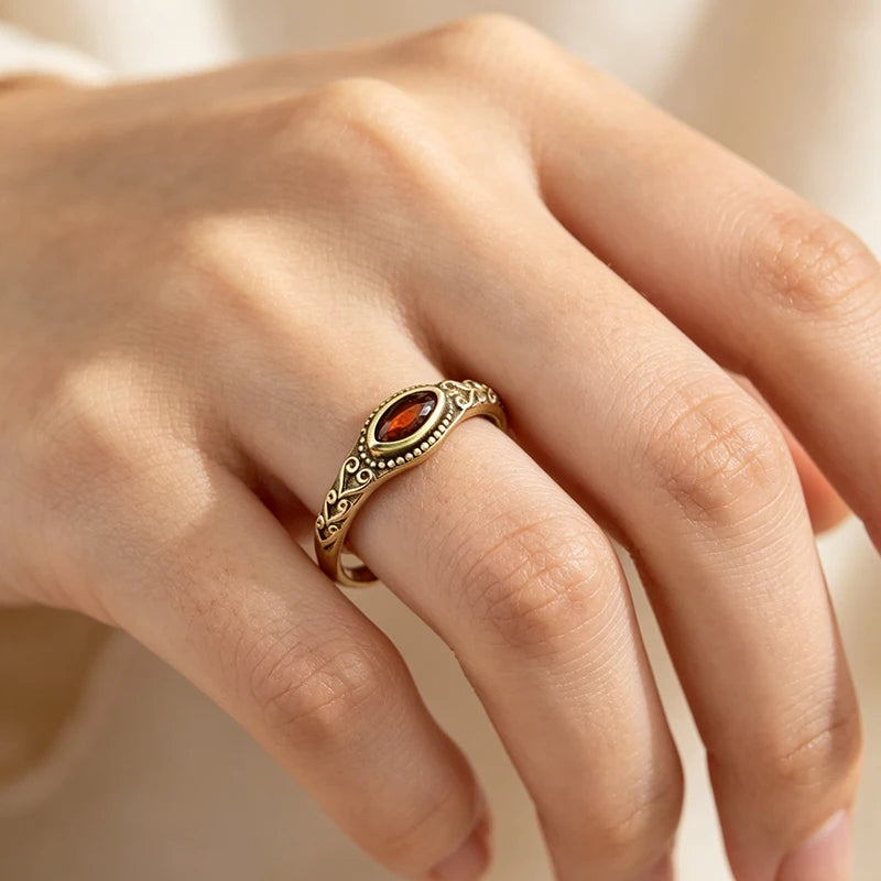 Huitan Vintage Gold-Tone Garnet Marquise CZ Ring | Women Fashion Ring Axl