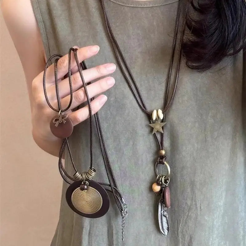 Vintage Boho Layered Metal Necklace – Antique Long Chain Pendant Boho Chain Necklace Axl