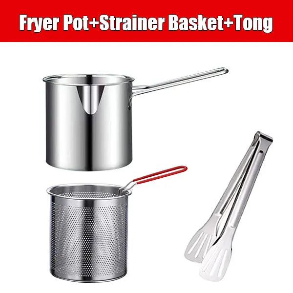 Stainless Steel Deep Fryer Pot with Strainer – Japanese Tempura Deep Fryer Pot Axl Pot with Tong