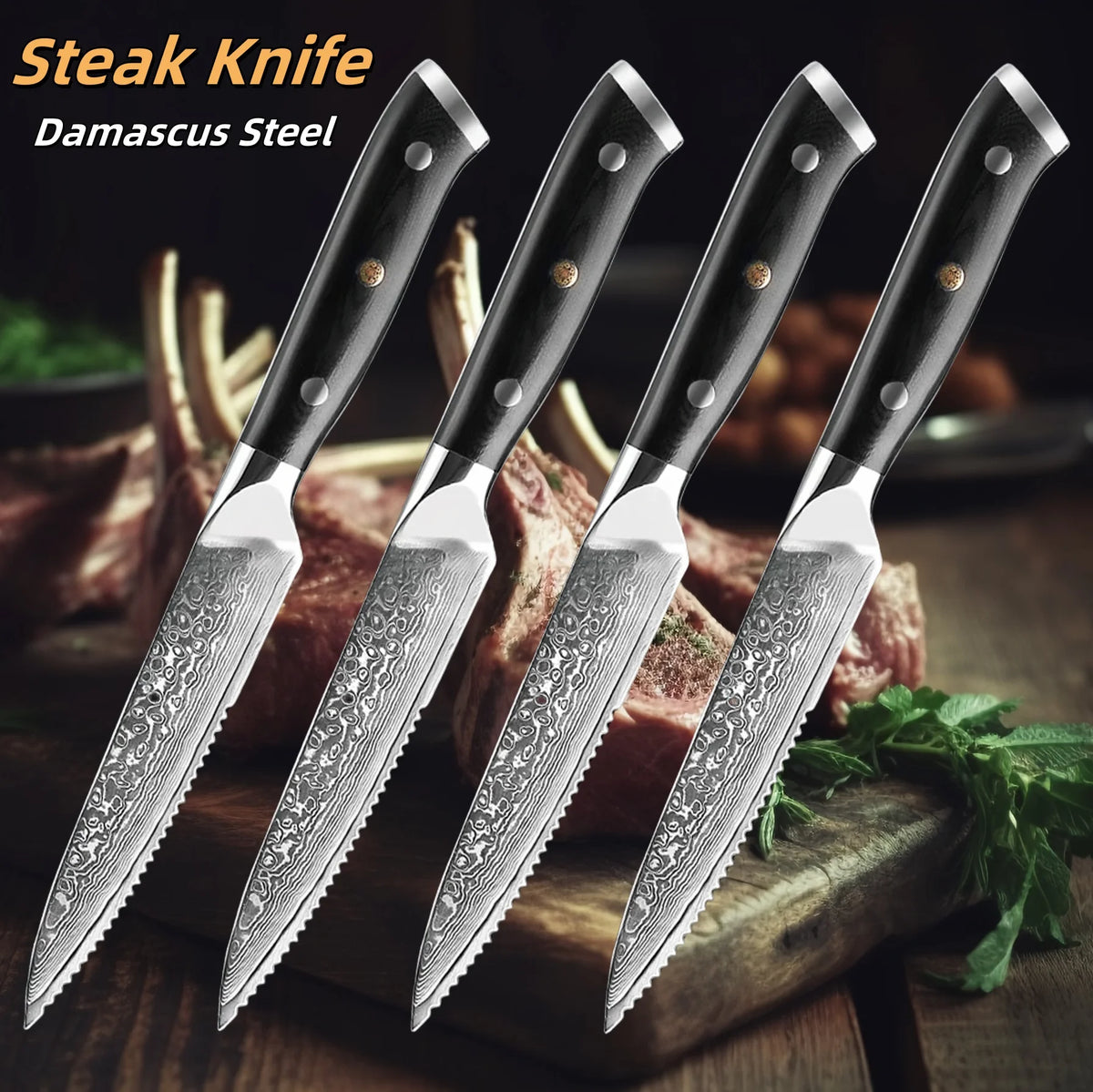 4-Piece Damascus Steel Steak Knife Set | 67-Layer G10 Handle Steak Knife Set Axl