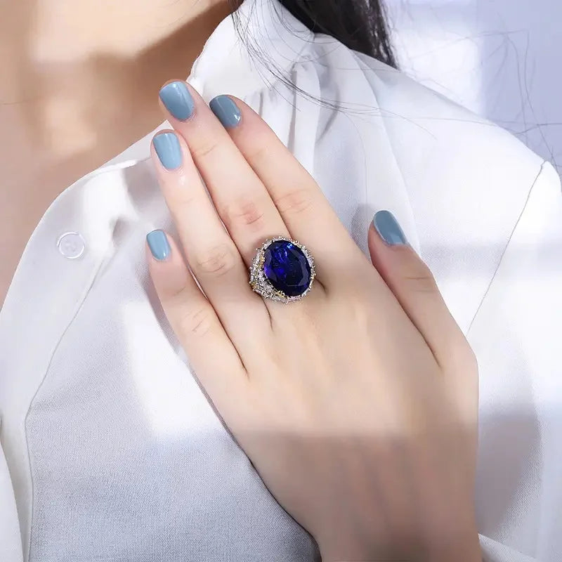 Huitan Oval Blue CZ Two-Tone Women's Wedding Band Ring CZ Wedding Ring Axl