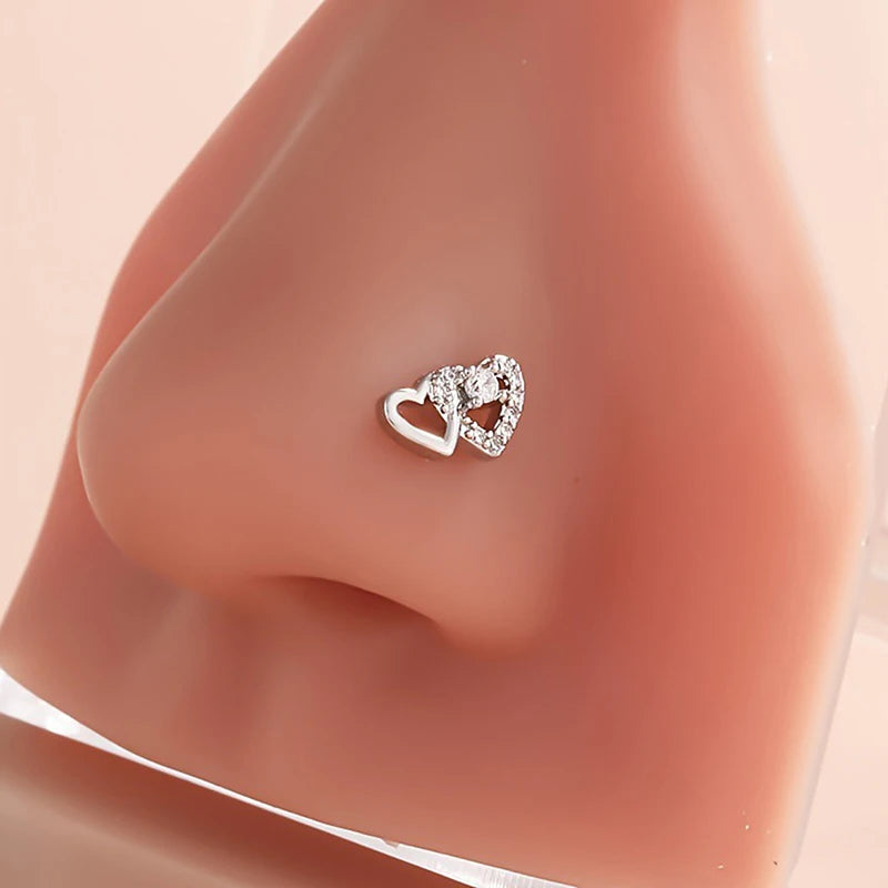 L-Shape Double Heart Zircon Nose Stud Ring – Body Jewelry Body Jewelry Axl A2 Surface and Dermal Nose Rings & Studs