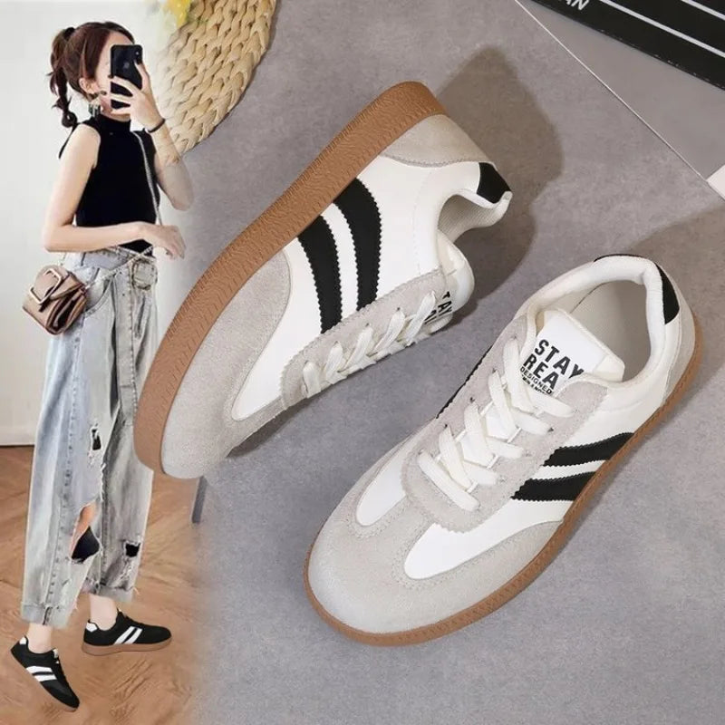 VKJF Women's Patchwork Leather Flat Sneakers – Lace-Up Casual Women's Casual Sneakers Axl 36 WHITE
