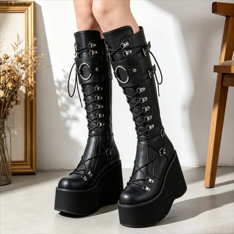Women's Gothic Wedge Platform Boots – High Heel Lace-Up Wedge Platform Boots Axl