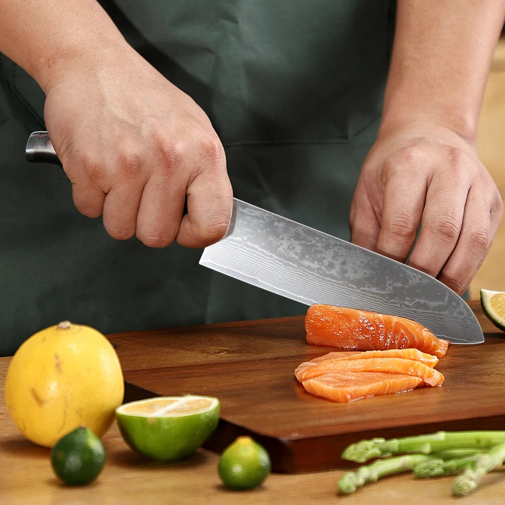 Sunnecko 7" Damascus Santoku Knife – VG10 Ultra Sharp Damascus Santoku Knife Axl