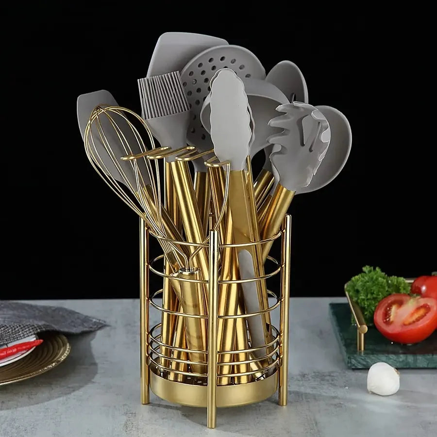 15-Piece Silicone Cooking Tool Set – Spatulas & Spoons Silicone Utensil Set Axl Gold - grey